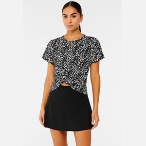 All Access Womens Printed Short Sleeve Crop Hanging Blouse Top Black White XS